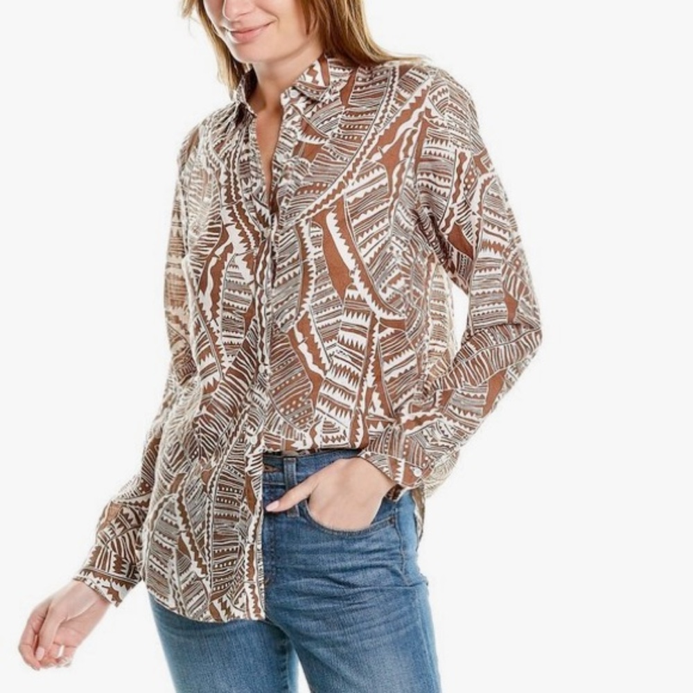 NEW J Mclaughlin Britt 100% Linen Button Front Blouse Geo Brown White Palm S‎